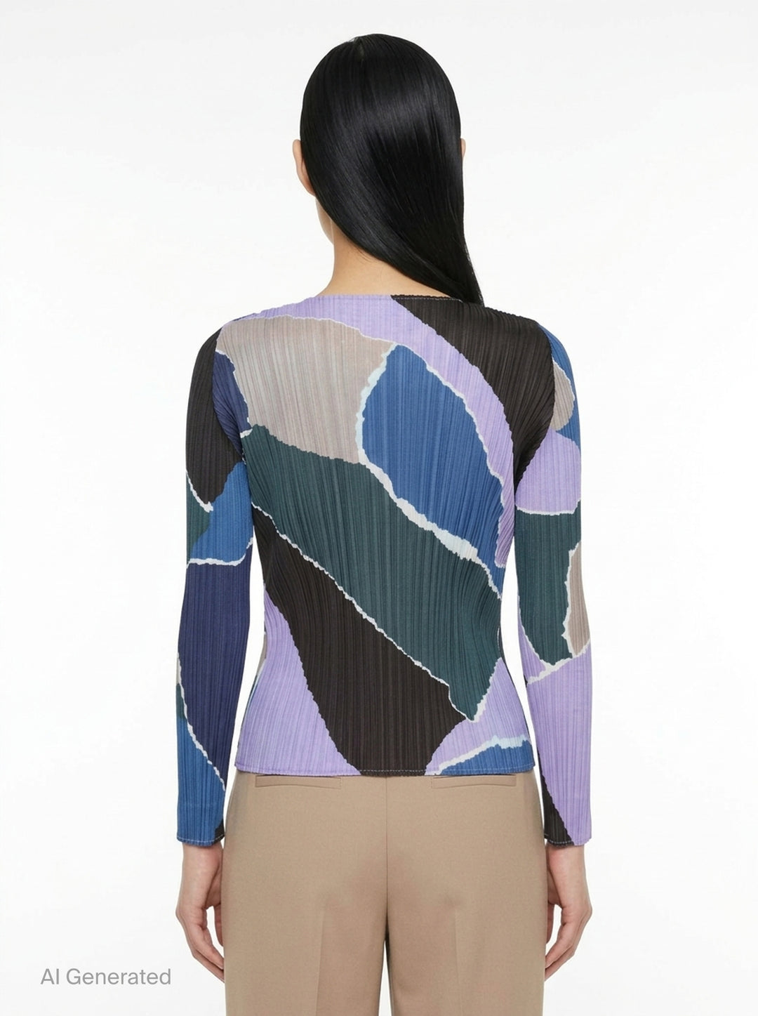 Pleats Please Issey Miyake SURPRISE! long sleeve round-neck top featuring permanent pleating and an abstract multicolour print in lavender, cobalt blue, teal, taupe, and black - back