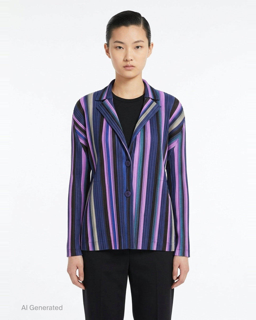 Pleats Please Issey Miyake TAPE TAPE Jacket in multicolour vertical stripe plissé fabric with notched lapel, two-button fastening, and long sleeves - front