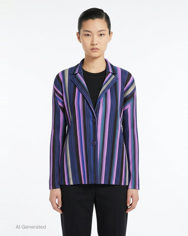 Pleats Please Issey Miyake TAPE TAPE Jacket in multicolour vertical stripe plissé fabric with notched lapel, two-button fastening, and long sleeves - front