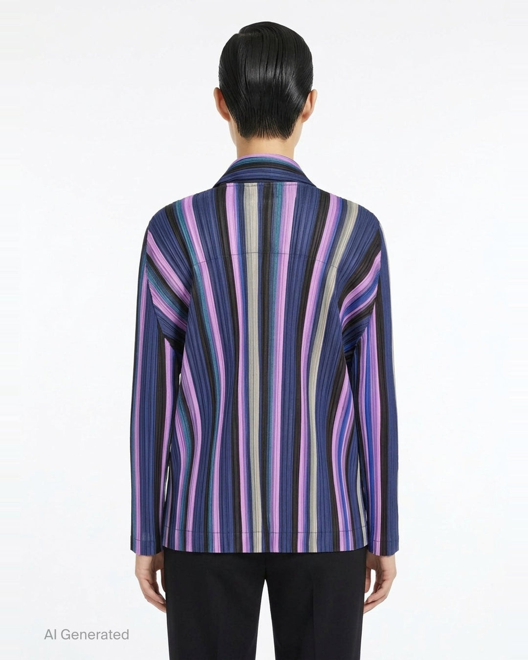 Pleats Please Issey Miyake TAPE TAPE Jacket in multicolour vertical stripe plissé fabric with notched lapel, two-button fastening, and long sleeves - back
