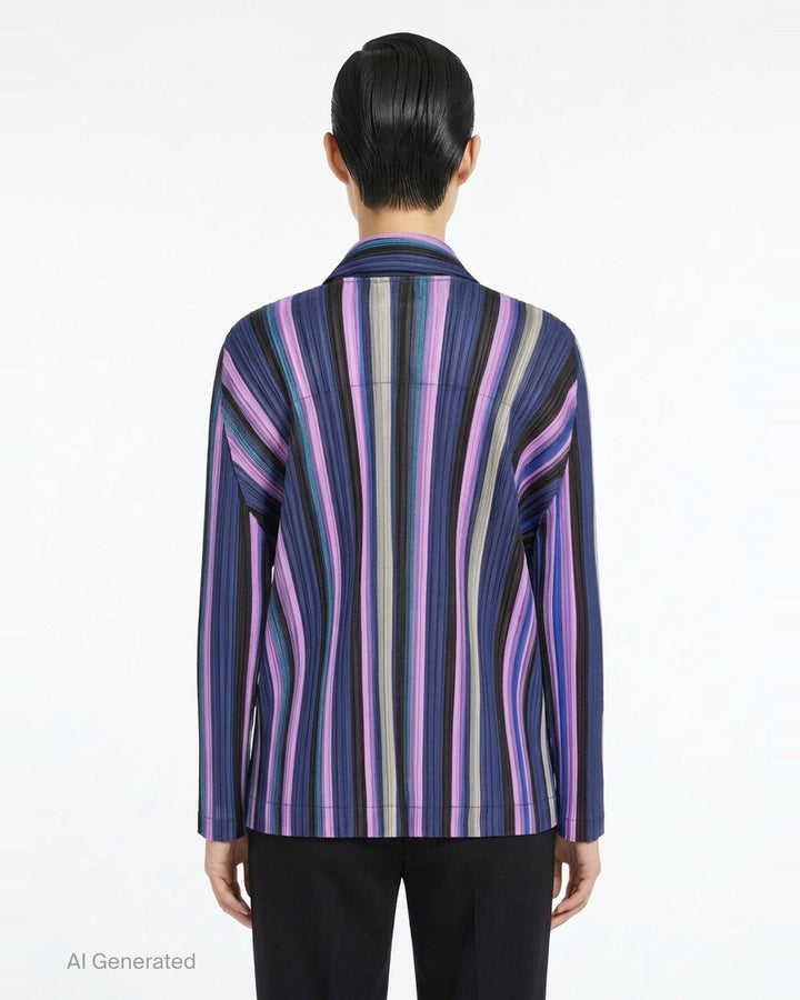 Pleats Please Issey Miyake TAPE TAPE Jacket in multicolour vertical stripe plissé fabric with notched lapel, two-button fastening, and long sleeves - back