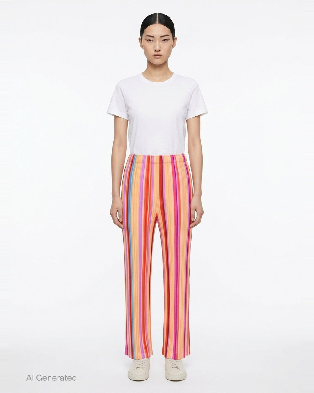 Pleats Please Issey Miyake TAPE TAPE Pants featuring multicolour vertical stripes in tangerine, fuchsia, violet, coral, and sky blue with a cropped flared silhouette and elasticated waistband - front