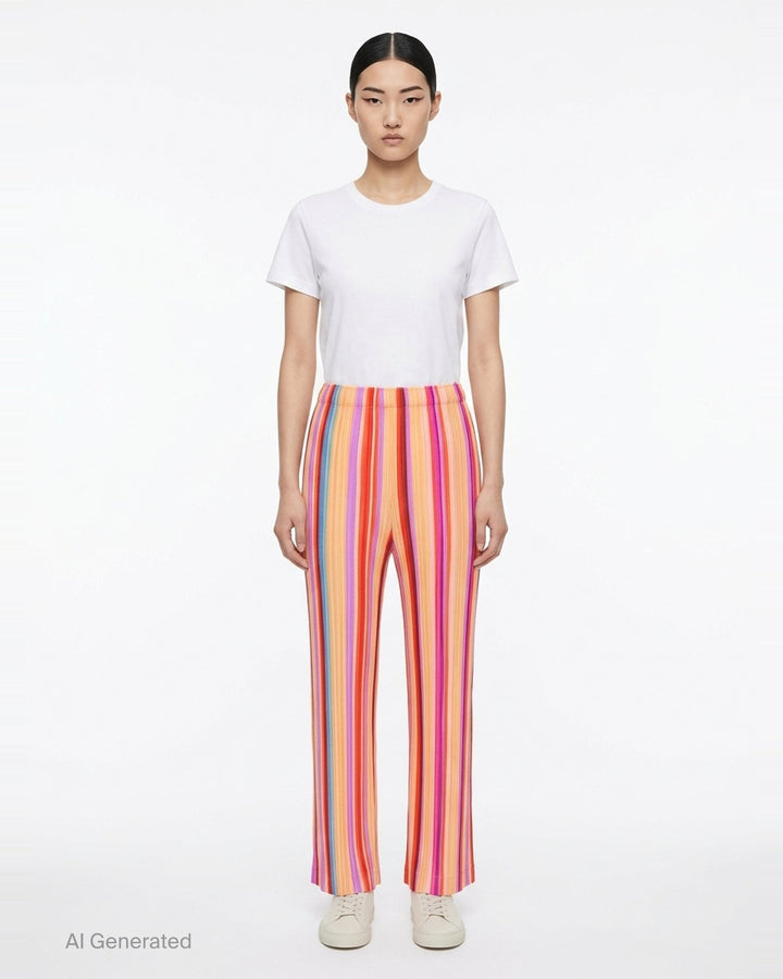 Pleats Please Issey Miyake TAPE TAPE Pants featuring multicolour vertical stripes in tangerine, fuchsia, violet, coral, and sky blue with a cropped flared silhouette and elasticated waistband - front