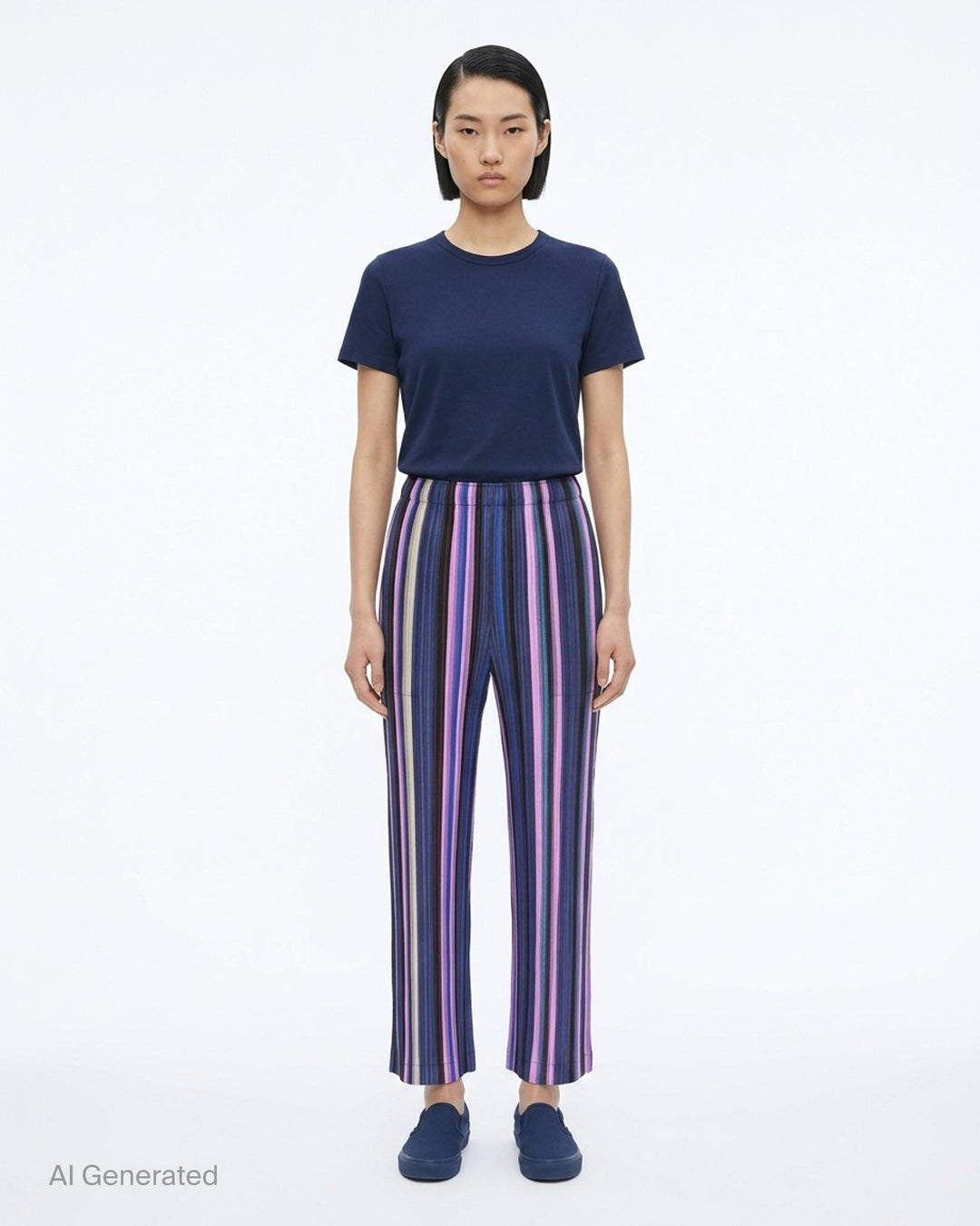 Pleats Please Issey Miyake TAPE TAPE Pants featuring multicolour vertical stripes in tangerine, fuchsia, violet, coral, and sky blue with a cropped flared silhouette and elasticated waistband - front
