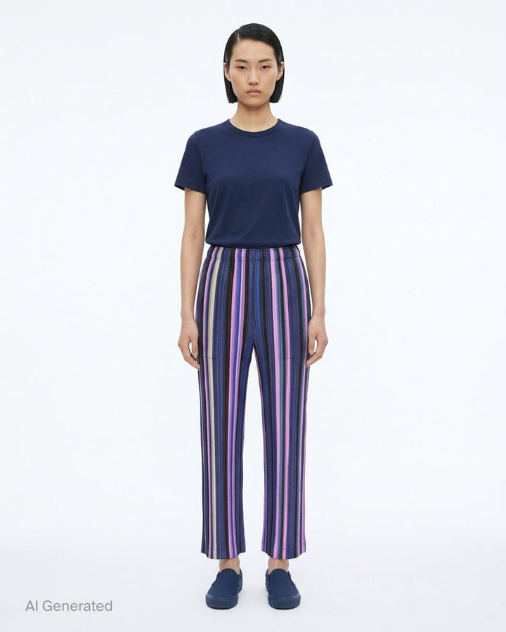 Pleats Please Issey Miyake TAPE TAPE Pants featuring multicolour vertical stripes in tangerine, fuchsia, violet, coral, and sky blue with a cropped flared silhouette and elasticated waistband - front