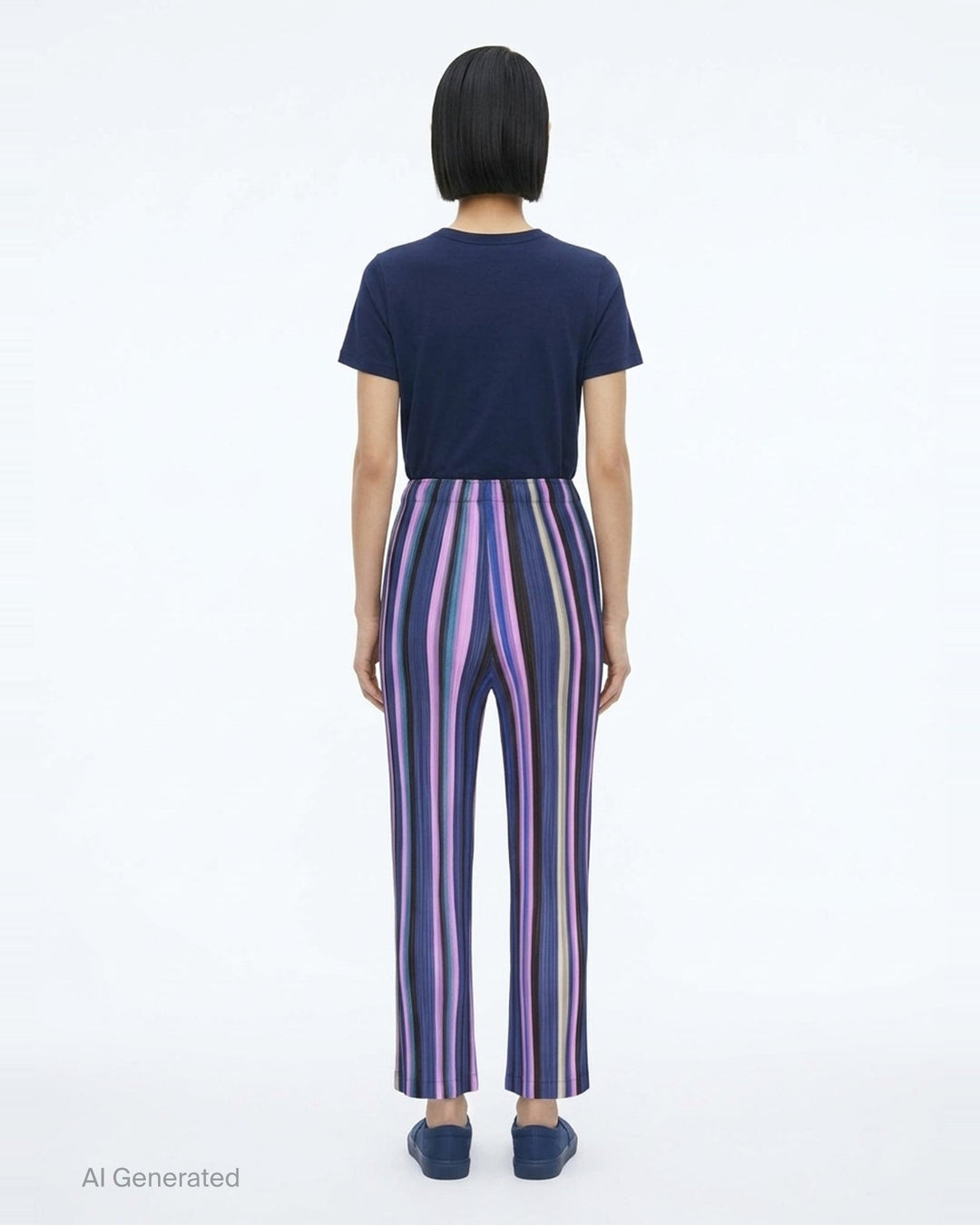 Pleats Please Issey Miyake TAPE TAPE Pants featuring multicolour vertical stripes in tangerine, fuchsia, violet, coral, and sky blue with a cropped flared silhouette and elasticated waistband - back
