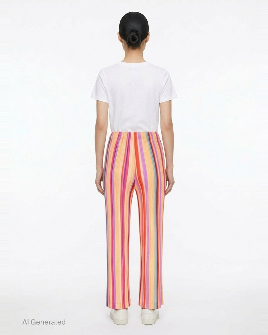 Pleats Please Issey Miyake TAPE TAPE Pants featuring multicolour vertical stripes in tangerine, fuchsia, violet, coral, and sky blue with a cropped flared silhouette and elasticated waistband - back
