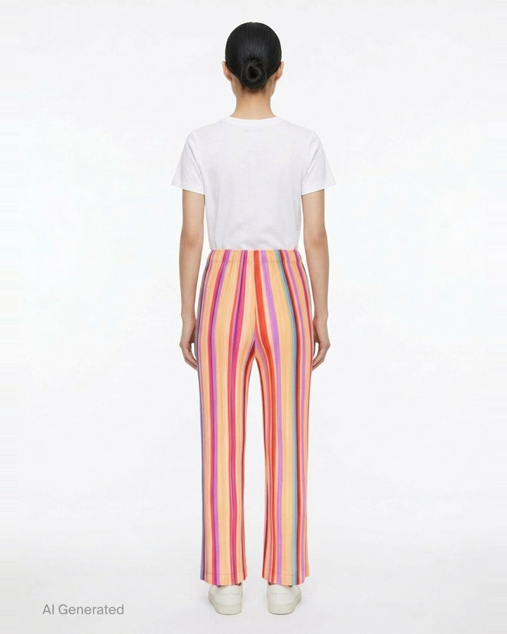 Pleats Please Issey Miyake TAPE TAPE Pants featuring multicolour vertical stripes in tangerine, fuchsia, violet, coral, and sky blue with a cropped flared silhouette and elasticated waistband - back