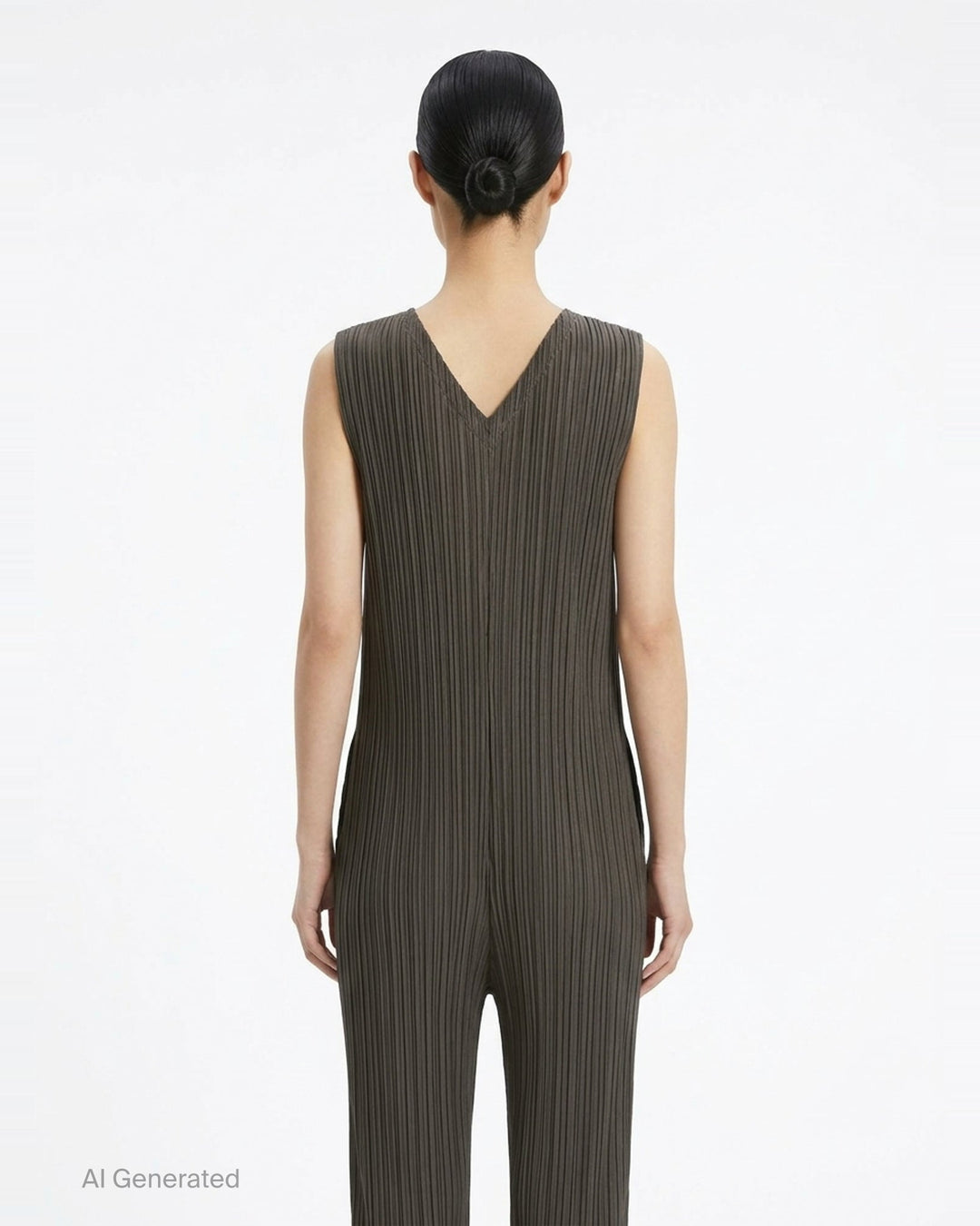 Pleats Please Issey Miyake Thicker Bottoms 2 Jumpsuit in charcoal, featuring a sleeveless V-neck with tonal lace trim, permanent-pleat fabric, and a relaxed wide-leg silhouette - back