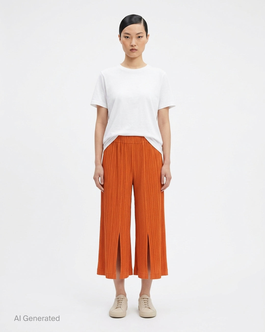 Pleats Please Issey Miyake Thicker Bottoms 2 wide-leg pleated culottes in charcoal with elasticated waistband and accordion micro-pleat construction - front