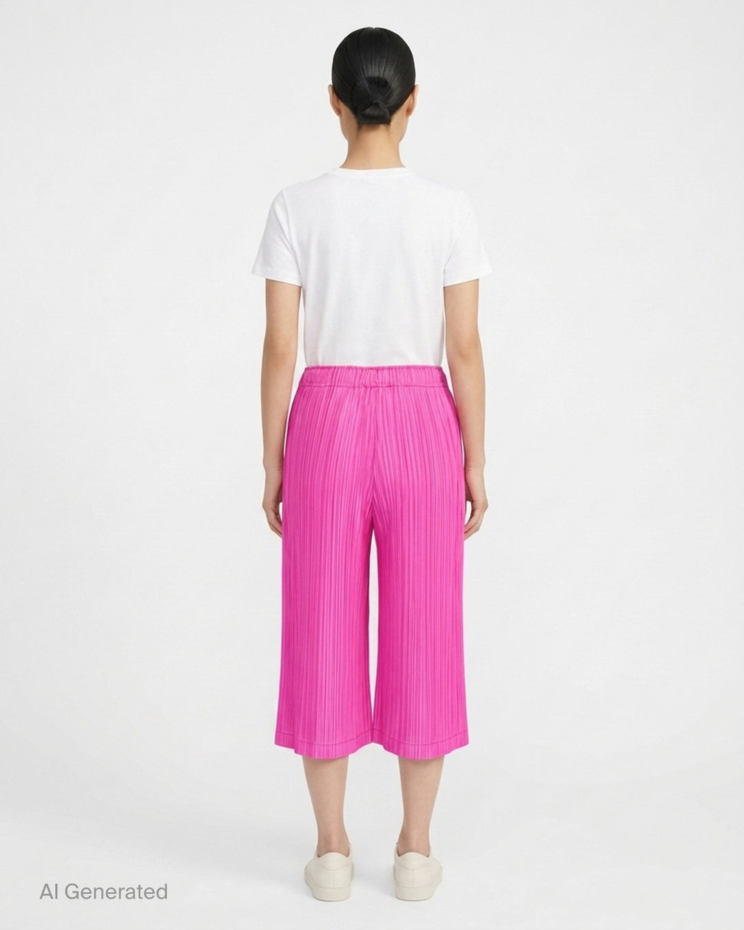 Pleats Please Issey Miyake Thicker Bottoms 2 wide-leg pleated culottes in charcoal with elasticated waistband and accordion micro-pleat construction - back