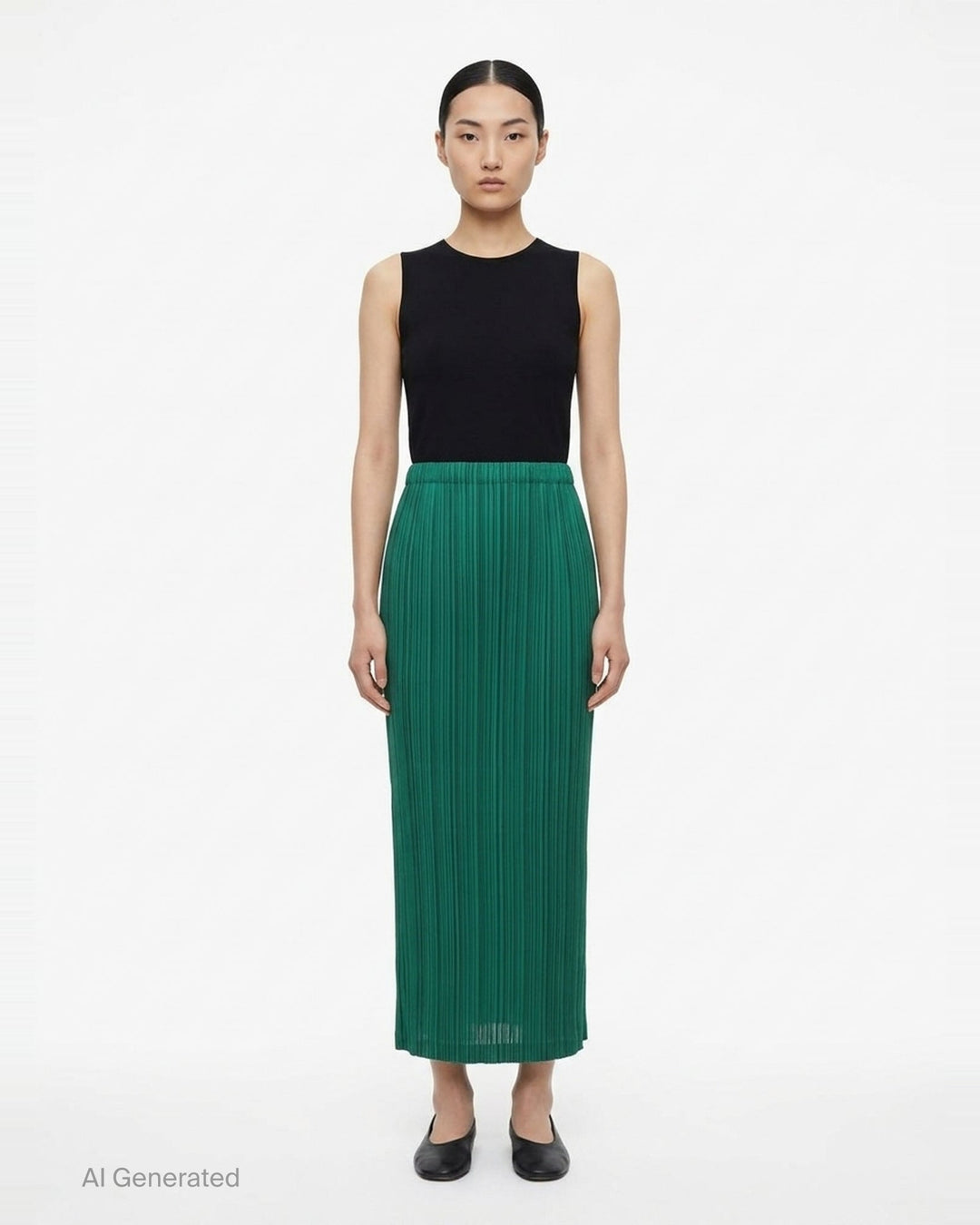 Pleats Please Issey Miyake Thicker Bottoms pleated midi skirt in taupe, featuring all-over vertical pleating and an elasticated waistband, displayed flat against a white background - front