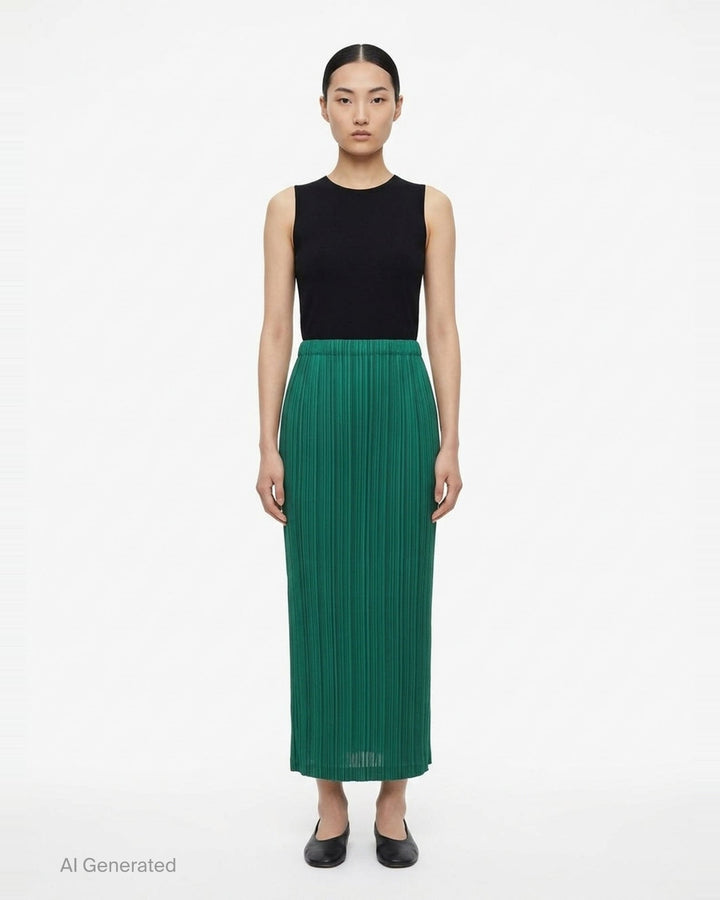 Pleats Please Issey Miyake Thicker Bottoms pleated midi skirt in taupe, featuring all-over vertical pleating and an elasticated waistband, displayed flat against a white background - front