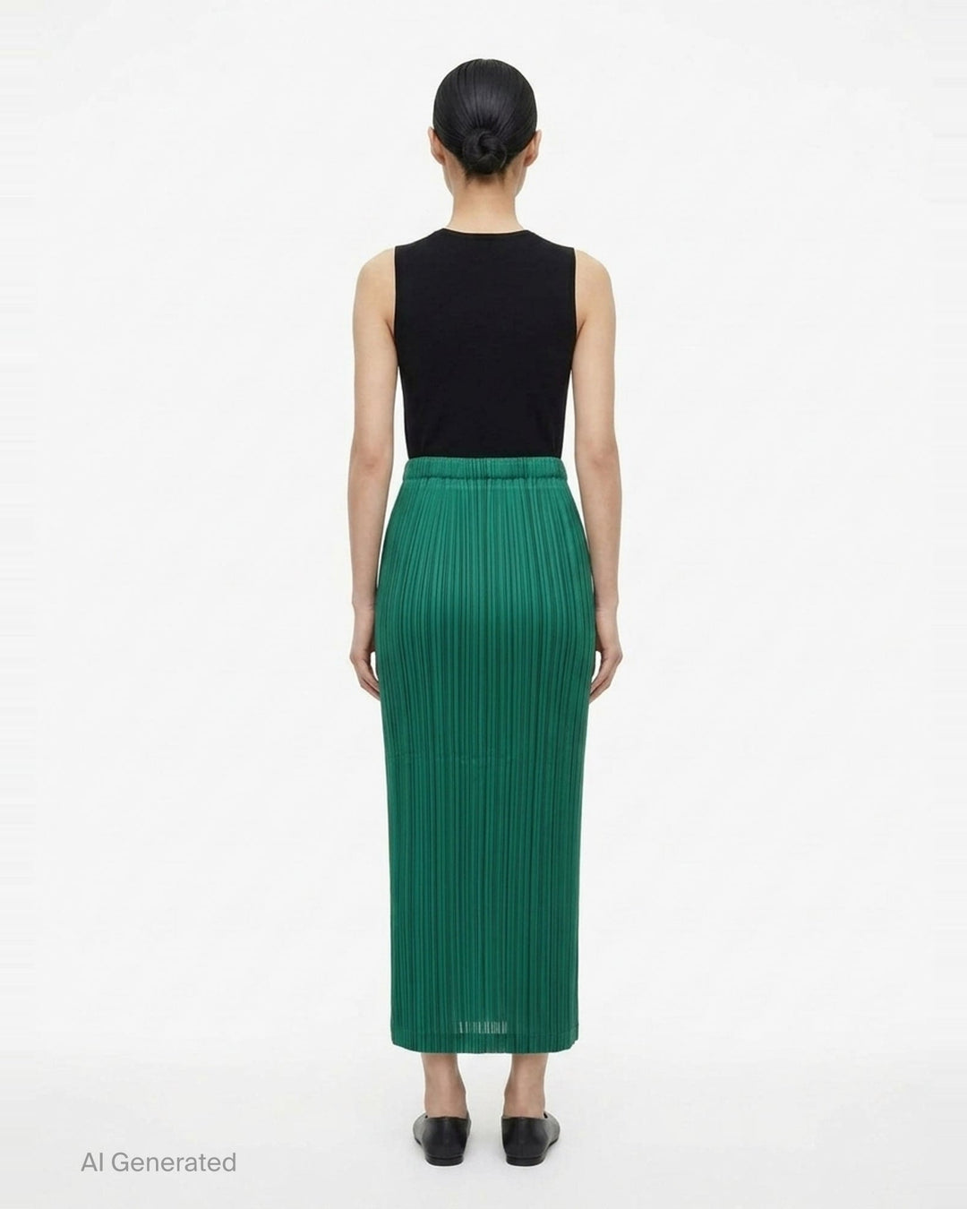 Pleats Please Issey Miyake Thicker Bottoms pleated midi skirt in taupe, featuring all-over vertical pleating and an elasticated waistband, displayed flat against a white background - back