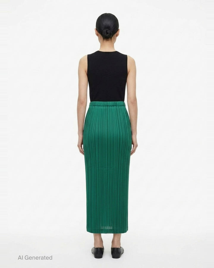 Pleats Please Issey Miyake Thicker Bottoms pleated midi skirt in taupe, featuring all-over vertical pleating and an elasticated waistband, displayed flat against a white background - back