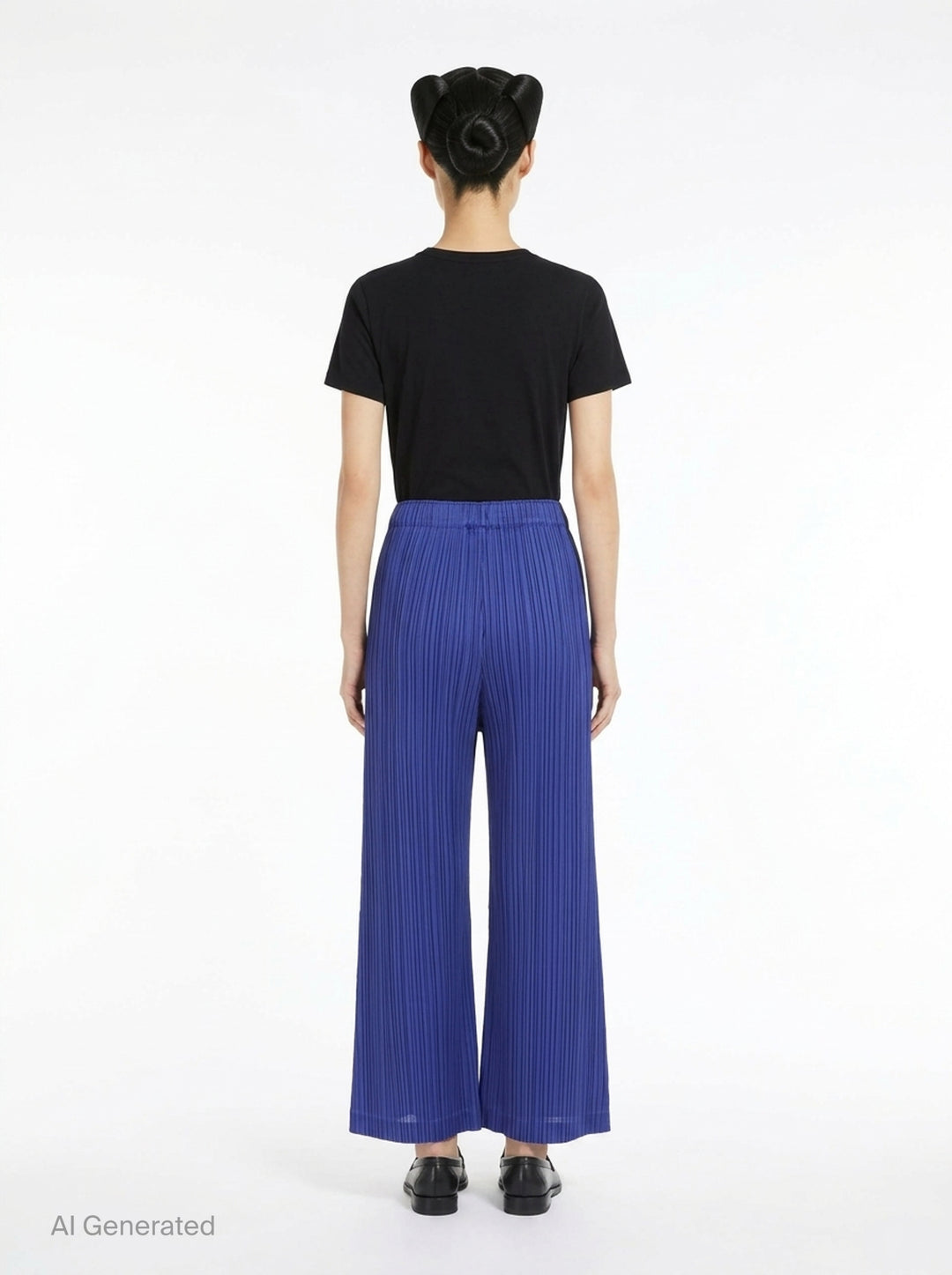 Pleats Please Issey Miyake Thicker Bottoms wide-leg pants in royal blue with all-over micro-pleating and elasticated waistband, shown from the back - back