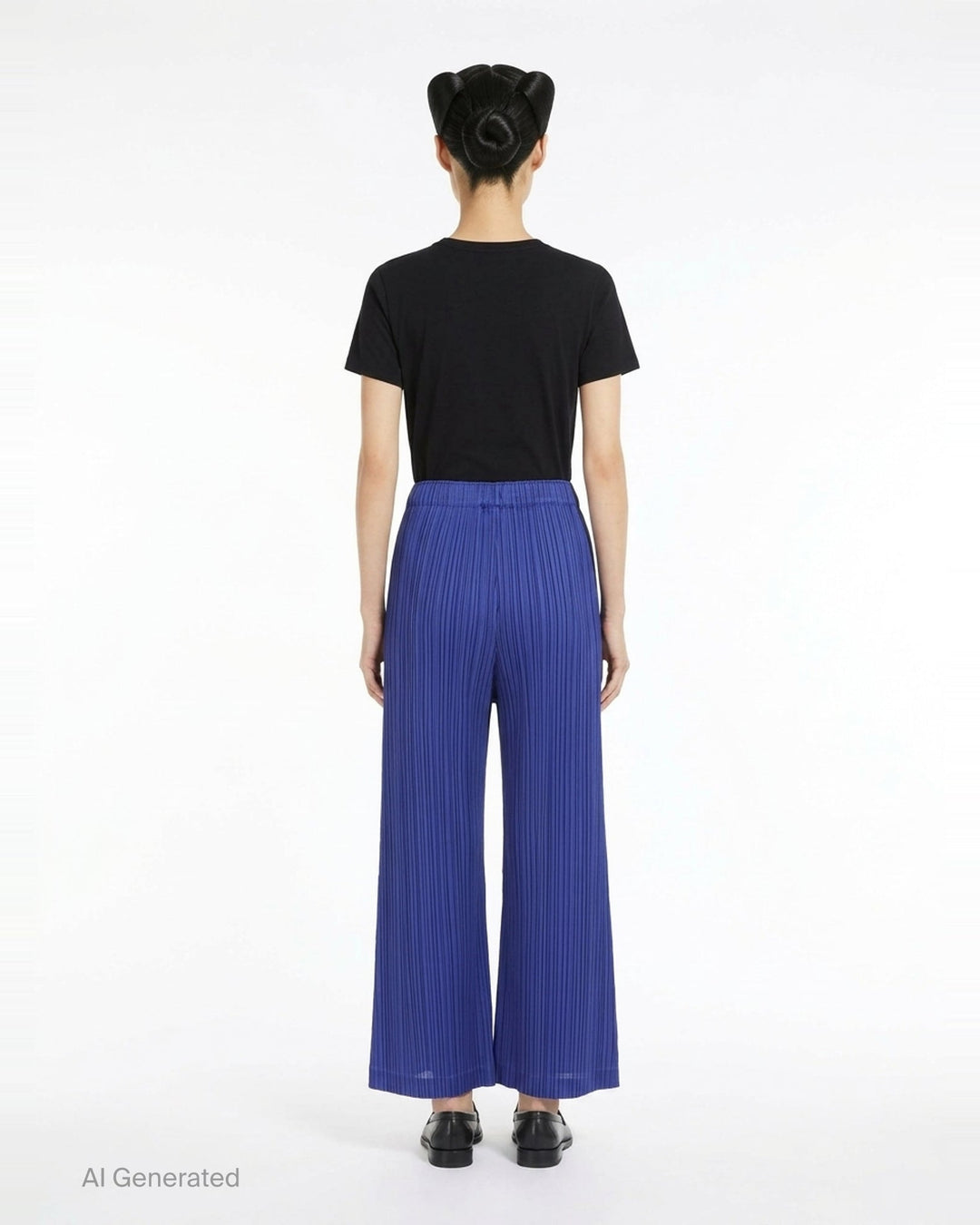 Pleats Please Issey Miyake Thicker Bottoms wide-leg pants in royal blue with all-over micro-pleating and elasticated waistband, shown from the back - back