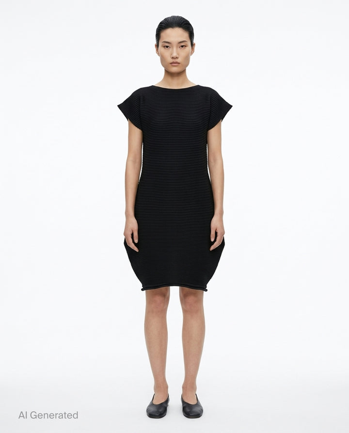 Pleats Please Issey Miyake Zig Zag Knit Dress in black, featuring horizontal ribbed pleating, cap sleeves, and a sculpted tulip-shaped skirt, shown from the back on a white background - front
