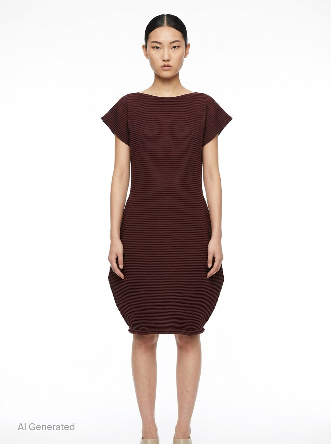 Pleats Please Issey Miyake Zig Zag Knit Dress in black, featuring horizontal ribbed pleating, cap sleeves, and a sculpted tulip-shaped skirt, shown from the back on a white background - front