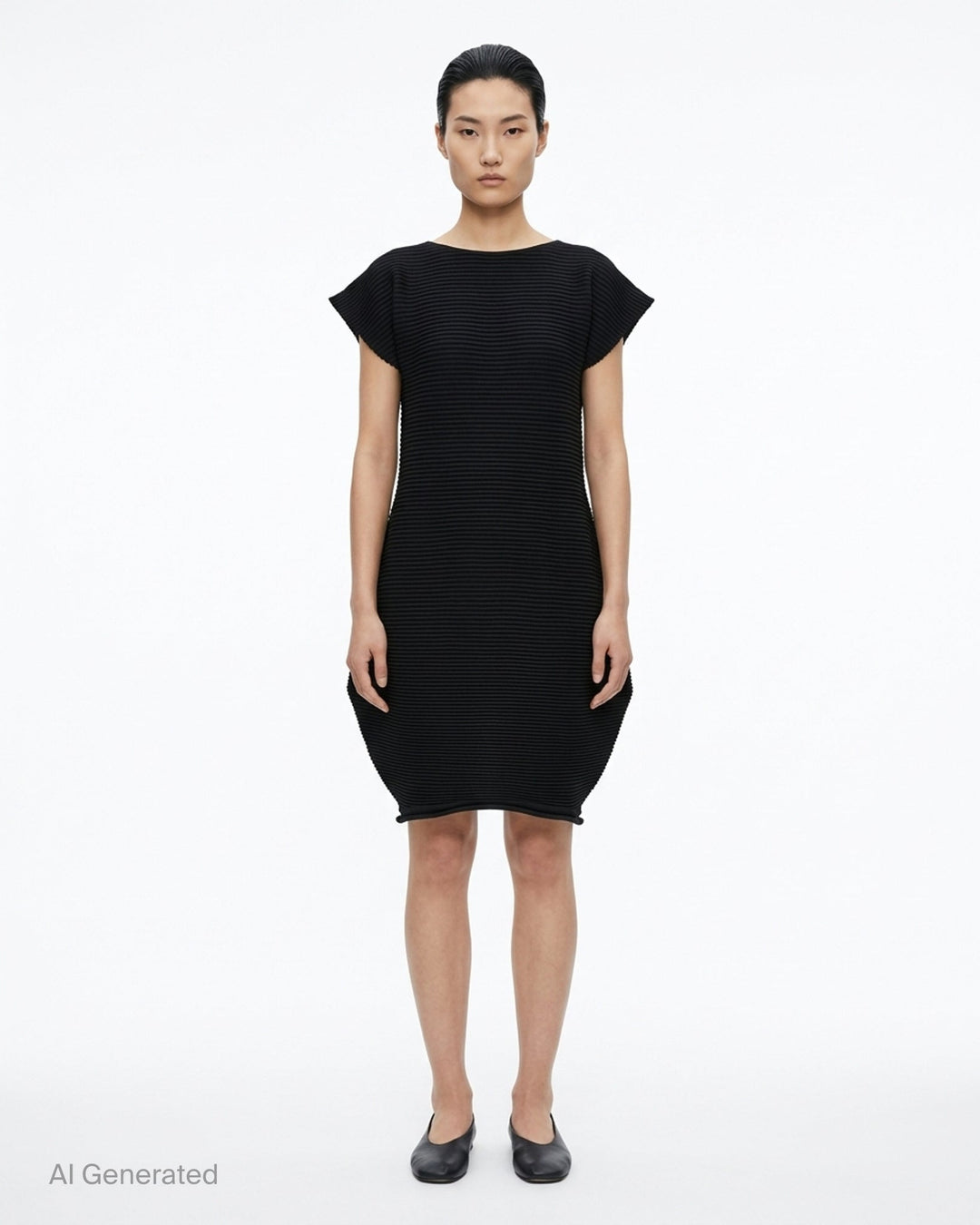 Pleats Please Issey Miyake Zig Zag Knit Dress in black, featuring horizontal ribbed pleating, cap sleeves, and a sculpted tulip-shaped skirt, shown from the back on a white background - front