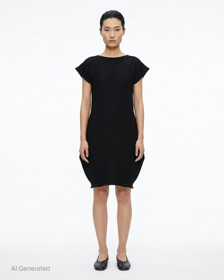 Pleats Please Issey Miyake Zig Zag Knit Dress in black, featuring horizontal ribbed pleating, cap sleeves, and a sculpted tulip-shaped skirt, shown from the back on a white background - front