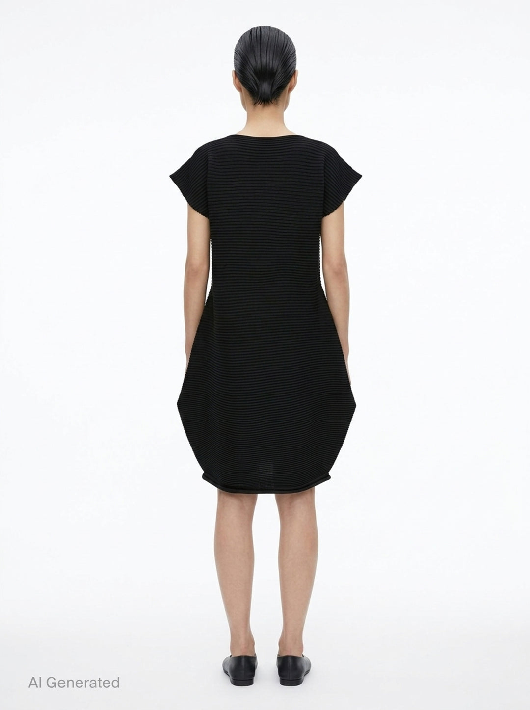 Pleats Please Issey Miyake Zig Zag Knit Dress in black, featuring horizontal ribbed pleating, cap sleeves, and a sculpted tulip-shaped skirt, shown from the back on a white background - back