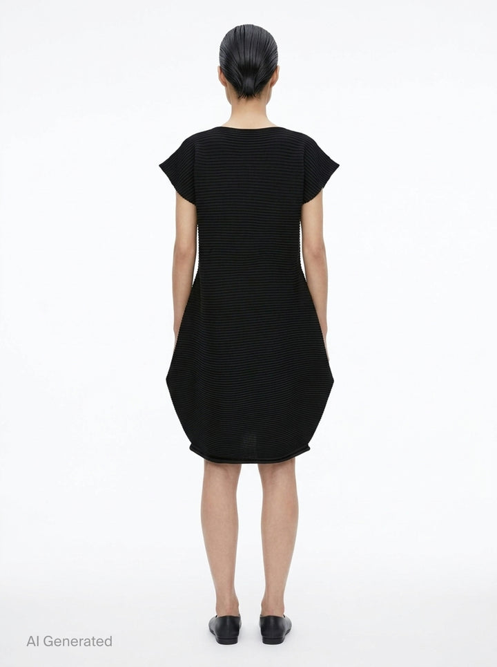 Pleats Please Issey Miyake Zig Zag Knit Dress in black, featuring horizontal ribbed pleating, cap sleeves, and a sculpted tulip-shaped skirt, shown from the back on a white background - back