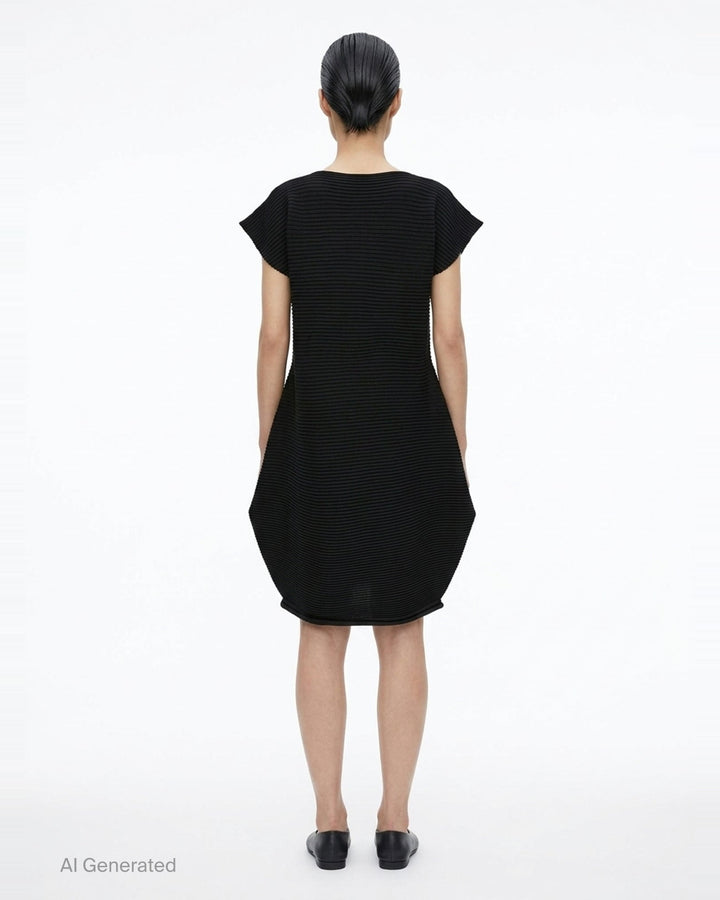 Pleats Please Issey Miyake Zig Zag Knit Dress in black, featuring horizontal ribbed pleating, cap sleeves, and a sculpted tulip-shaped skirt, shown from the back on a white background - back
