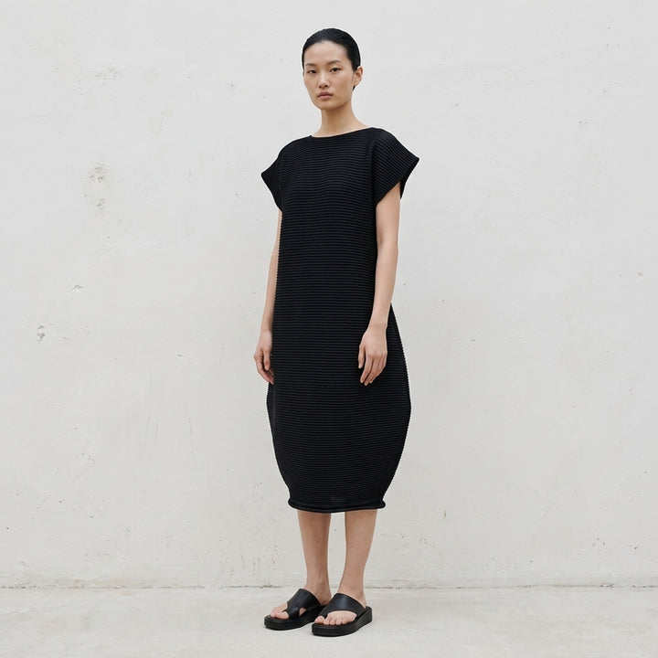 Pleats Please Issey Miyake Zig Zag Knit Dress in black, featuring horizontal ribbed pleating, cap sleeves, and a sculpted tulip-shaped skirt, shown from the back on a white background - lifestyle