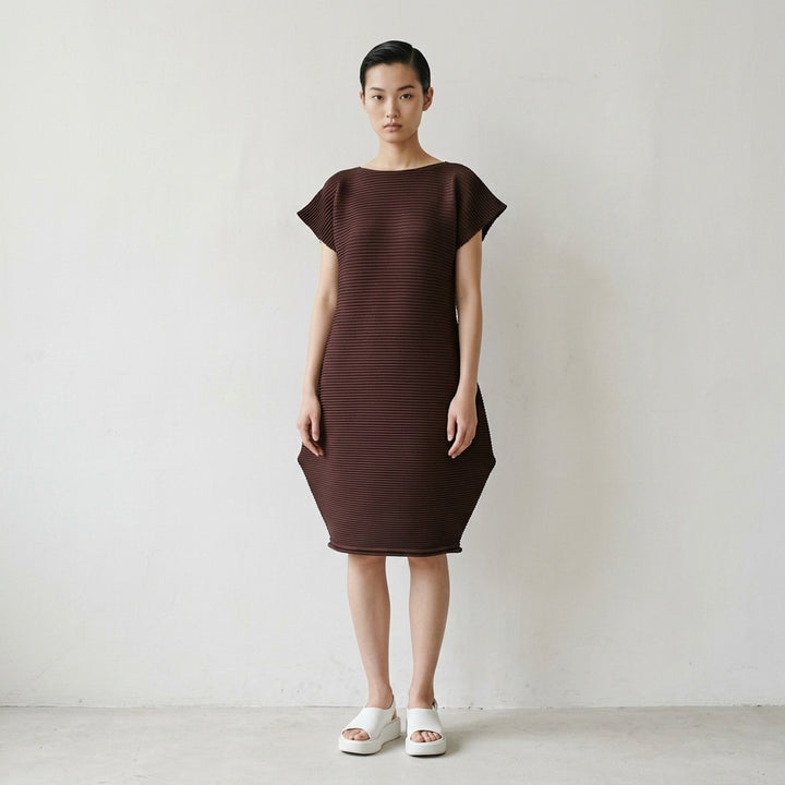 Pleats Please Issey Miyake Zig Zag Knit Dress in black, featuring horizontal ribbed pleating, cap sleeves, and a sculpted tulip-shaped skirt, shown from the back on a white background - lifestyle