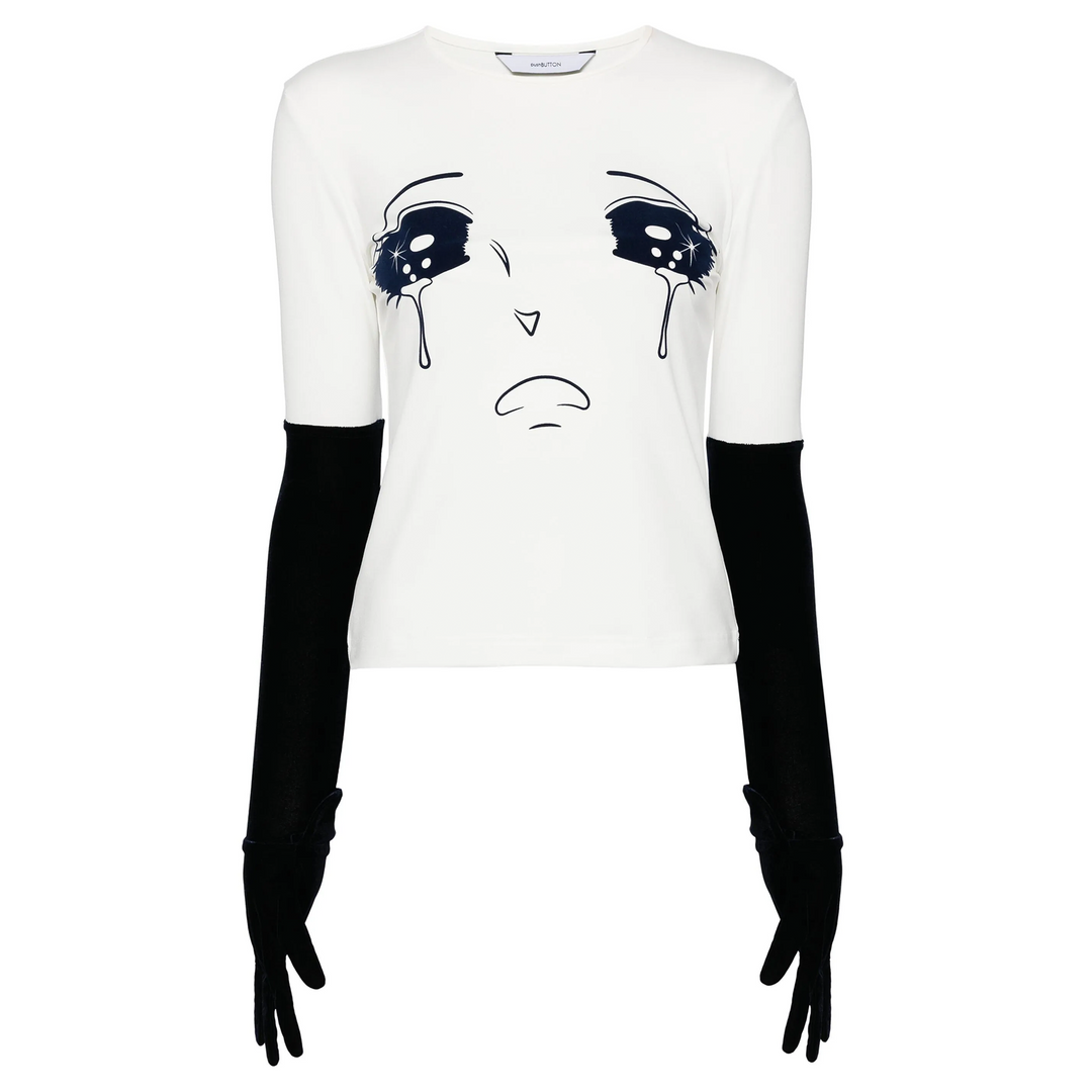 White Velvet Globe Crying Girl Knit Top