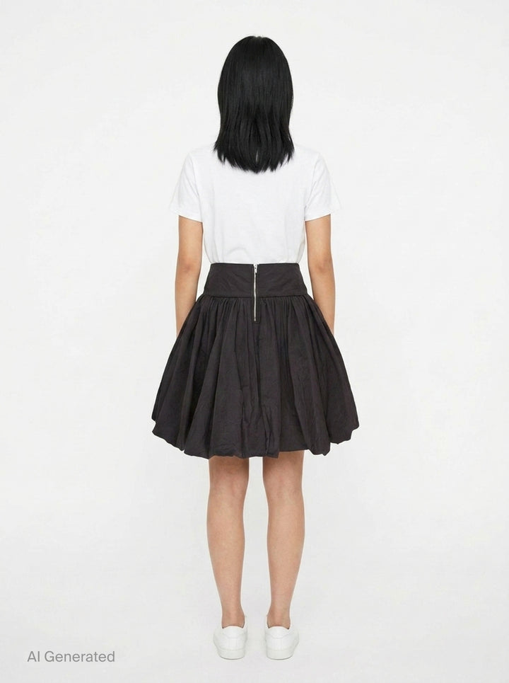 pushBUTTON black balloon volume mini skirt with wide structured waistband and dramatically gathered crinkle-textured fabric tapering at the hem - back