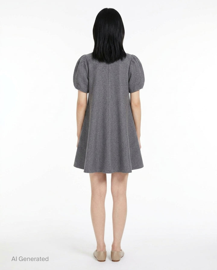 pushBUTTON gray heathered wool-blend mini dress with oversized bow collar, curved chest yoke, button placket, and puff sleeves in a flared A-line silhouette - back