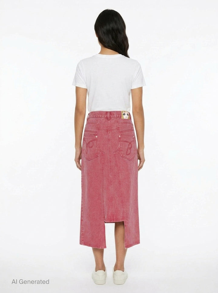 pushBUTTON red acid-washed denim midi skirt with curved panel seaming, contrast stitching, front slit, and snap-button fly closure - back
