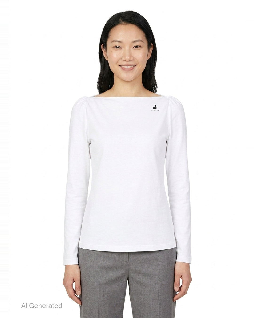 White Straight Neck Long Sleeve Tee | pushBUTTON | Club21 - front