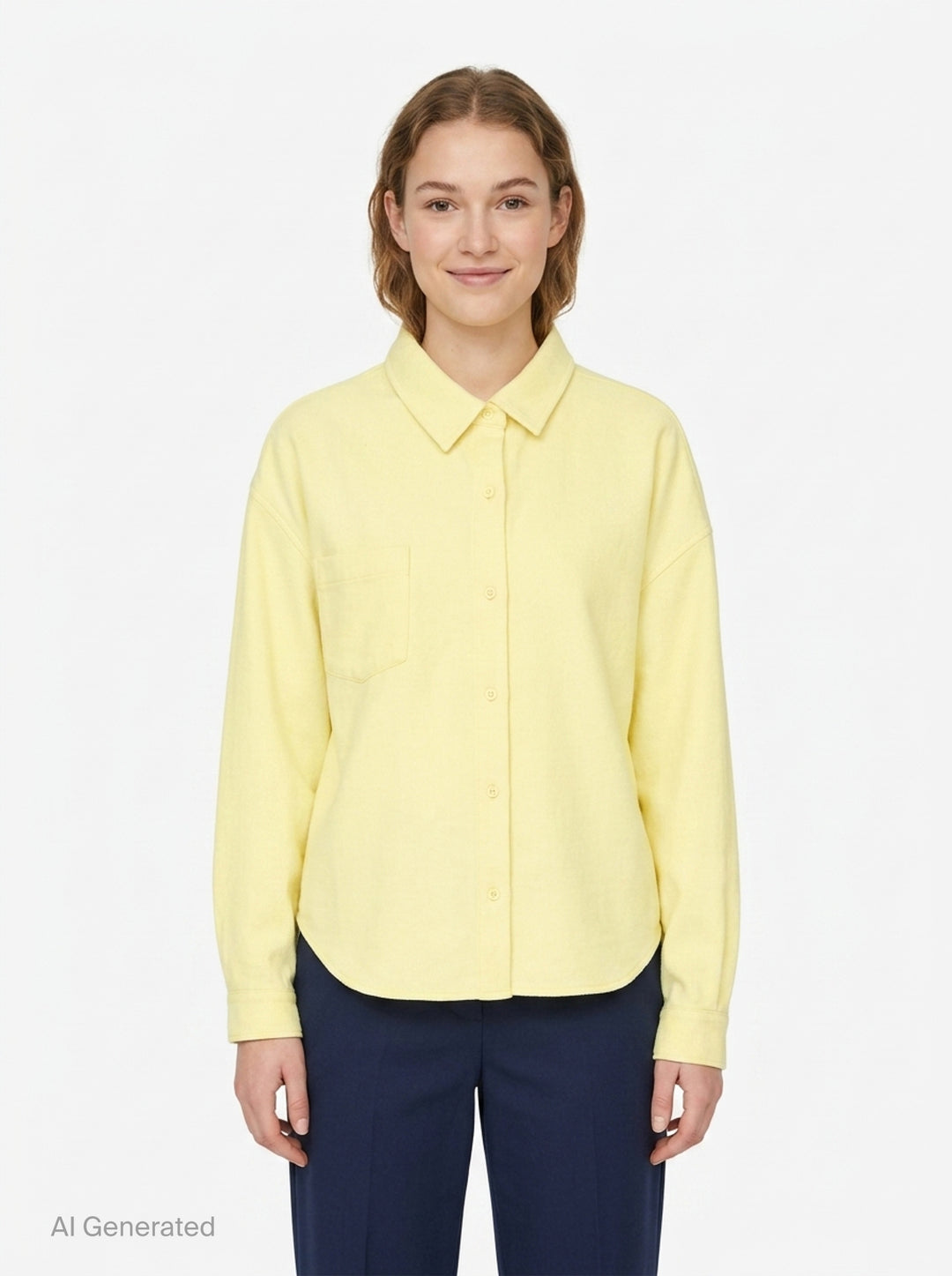 pushBUTTON butter yellow relaxed long-sleeve shirt with spread collar, tonal button-front closure, and chest patch pocket - front
