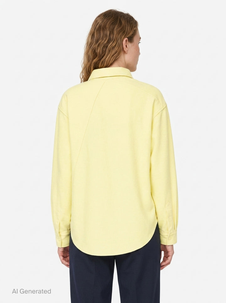 pushBUTTON butter yellow relaxed long-sleeve shirt with spread collar, tonal button-front closure, and chest patch pocket - back