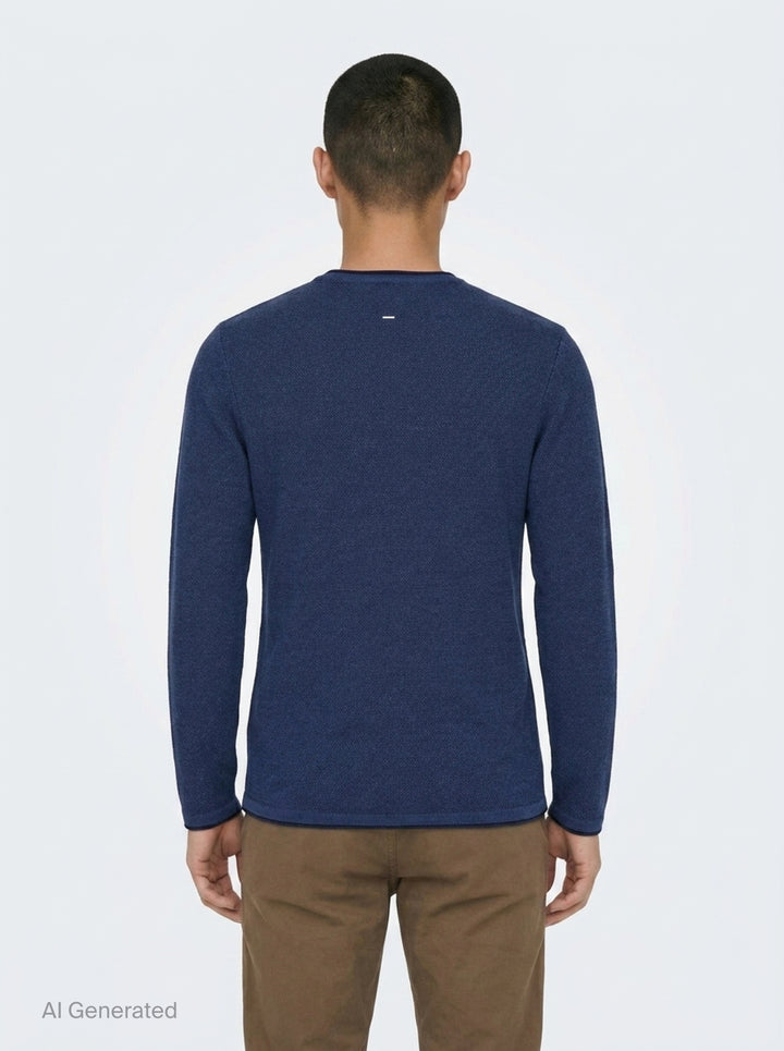 rag & bone Brooks Wool Crew Sweater in deep teal, featuring a slim fit, crew neckline, long sleeves, and raw-edge cuffs, displayed on a flat ghost mannequin - back