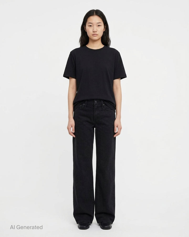 rag & bone Cam Full Straight Jeans in washed black denim, shown from the front with low-rise waist and full straight leg - front
