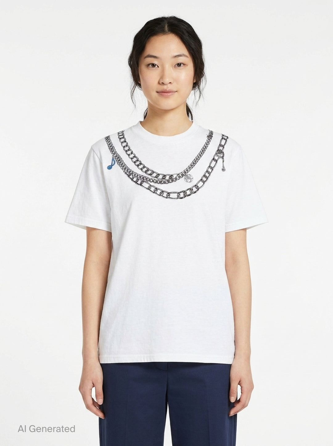 rag & bone Miramar Charms Short Sleeve Tee in white with a trompe l'oeil printed graphic of layered silver chain necklaces and charm details across the chest - front
