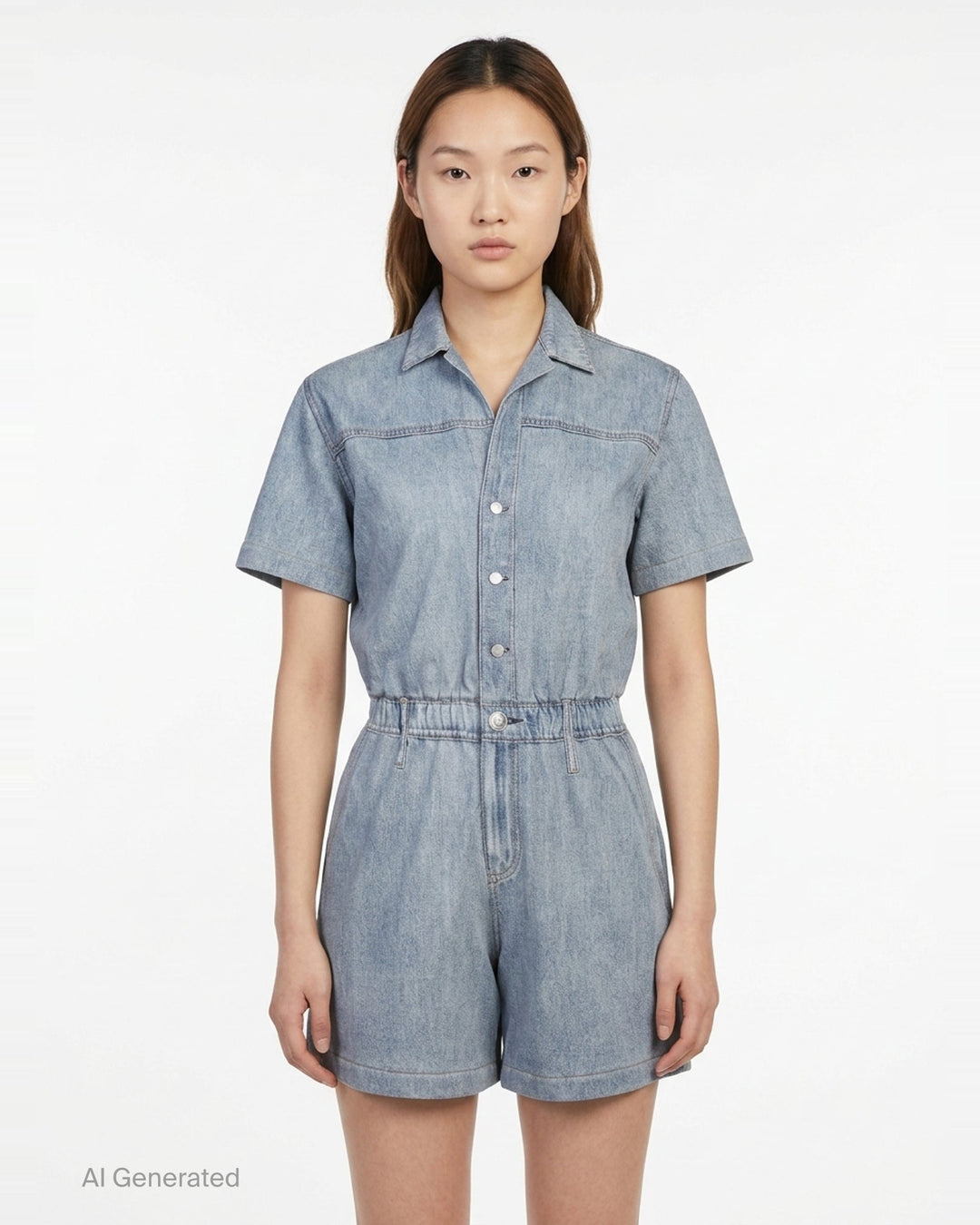 rag & bone light-wash denim short sleeve romper with camp collar, snap-button front placket, elasticated waist, and relaxed shorts silhouette, displayed flat on white background - front