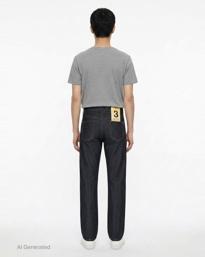 rag & bone Fit 3 Raw Stretch Jeans in dark indigo with contrast amber topstitching and straight-leg silhouette, front view - back