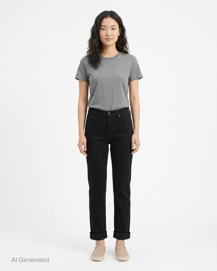 rag & bone Flexi Wren mid-rise full slim jeans in black stretch denim with five-pocket styling and rolled cuffs, shown from the front - front