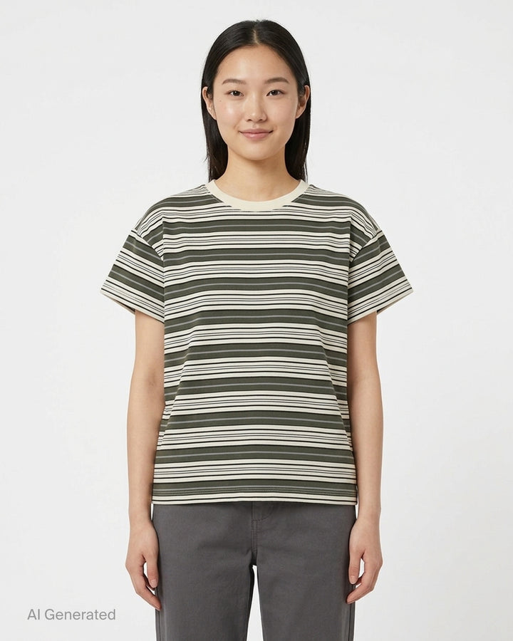 rag & bone Kelly Stripe Boxy Jersey Tee in olive, cream, navy and lavender multi-stripe with cream crew neck, front view - front