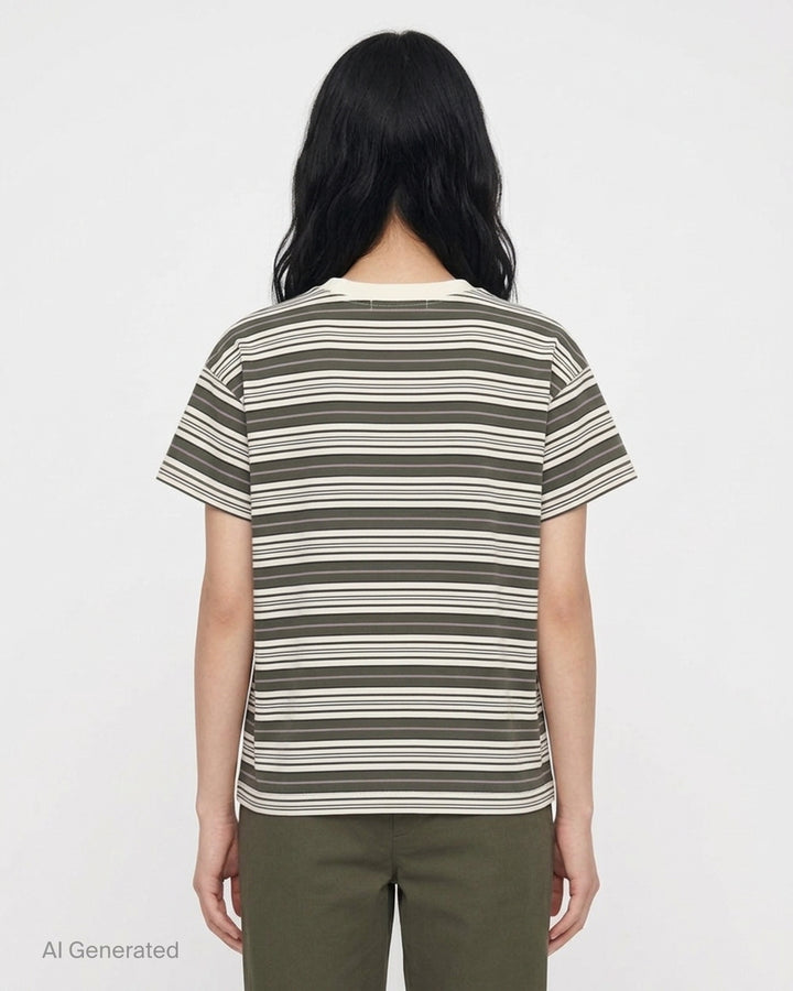 rag & bone Kelly Stripe Boxy Jersey Tee in olive, cream, navy and lavender multi-stripe with cream crew neck, front view - back