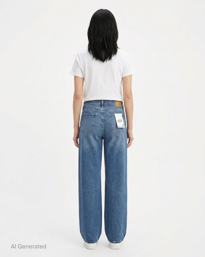 rag & bone Logan Wide Jeans in a faded mid-blue wash, shown from the front with a high-rise waist and wide straight leg - back