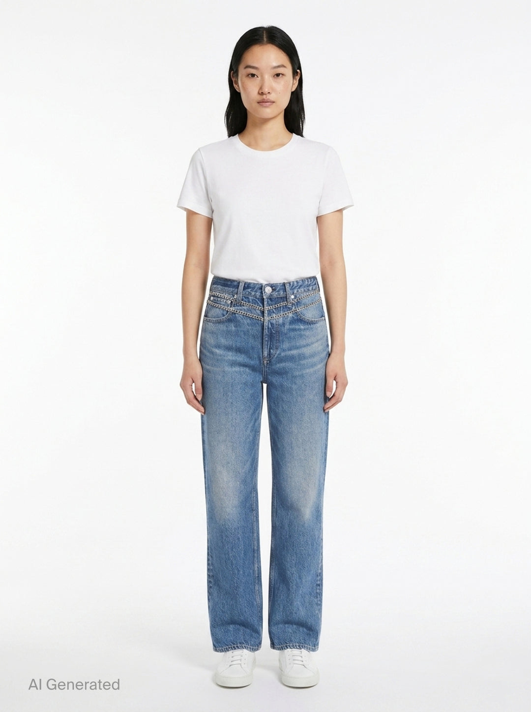 rag & bone Miramar Charm Wide Leg Jeans in mid-blue faded wash with silver chain trim along the waistband, five-pocket detailing, and a relaxed straight-leg silhouette - front
