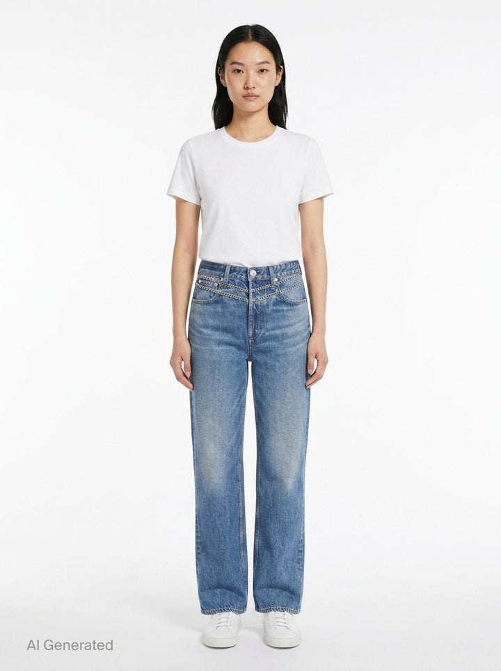 rag & bone Miramar Charm Wide Leg Jeans in mid-blue faded wash with silver chain trim along the waistband, five-pocket detailing, and a relaxed straight-leg silhouette - front