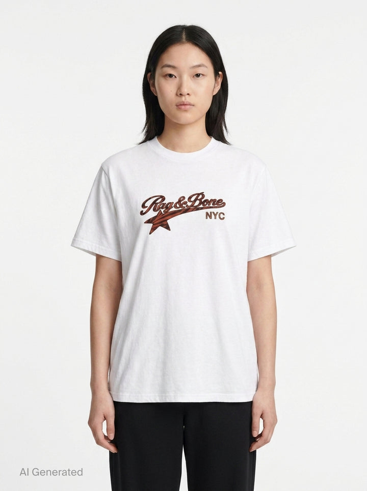 rag & bone Miramar Cotton Graphic Tee in white with varsity-script logo and tiger-stripe print detail on the chest - front