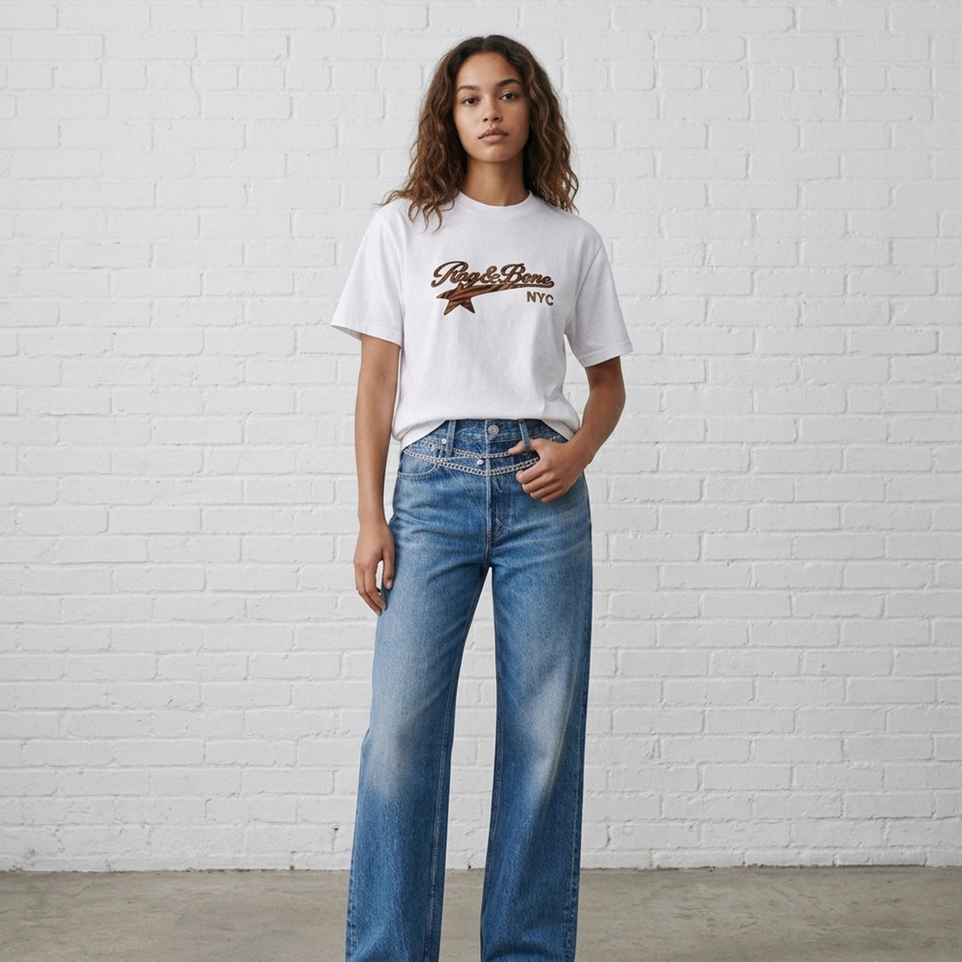 rag & bone Miramar Cotton Graphic Tee in white with varsity-script logo and tiger-stripe print detail on the chest - lifestyle